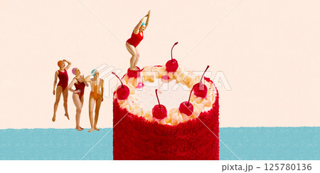 Women in colorful retro swimsuits standing next to giant cherry cake and diving inside against pastel background. Party. 125780136