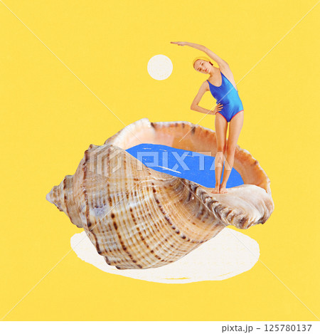 Young woman in blue swimsuit stretching on top of giant seashell filled with water against yellow background. Contemporary art collage 125780137