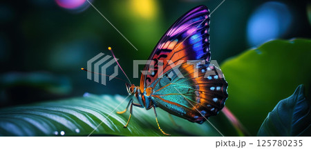 Vibrant Tropical Butterfly on Leaf. Close-up of Colorful Insect with Iridescent Wings in Lush Jungle Environment, Perfect for Nature and Wildlife Concepts 125780235