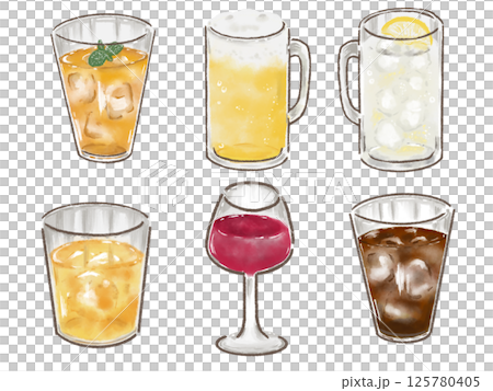 グラスに入ったお酒、カクテル、飲み物のイラストのセット 125780405