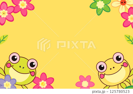 Two smiling frogs in a yellow frame of pink flowers 125780523