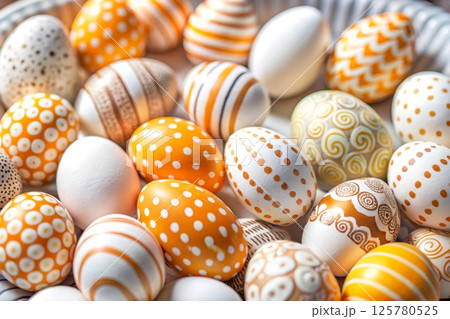 A lot of light white orangr yellow painted Easter eggs  125780525