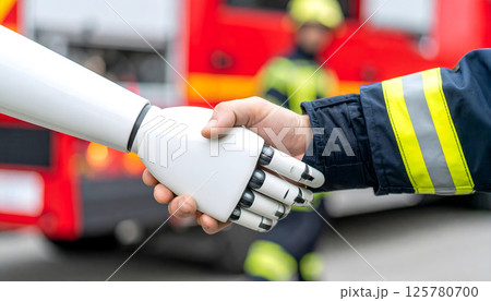 ロボットと消防員が消防車の前で握手 ロボットと消防員が消防車の前で握手 125780700
