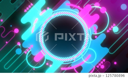 円形のタイトルバックと液体のようなストライプなどの図形が並んだフレーム - ツートンネオンカラー 125780896