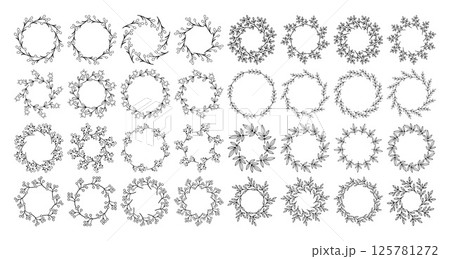 Line art flower circle frame set. Hand drawn black round line border, leaves and flowers, wedding invitation and cards, logo design and posters template. Elegant minimal style floral isolated set 125781272