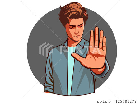 A young man raising his hand in a stop or rejection gesture. 125781278