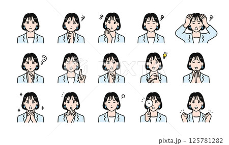 スーツを着た若い女性の表情イラストセット 125781282