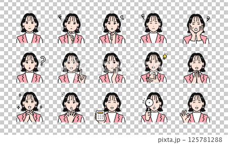 Stylish young business person facial expression illustration set 125781288