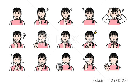 オシャレな働く若い女性の表情イラストセット 125781289