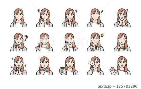 スーツを着た働く若い女性の表情イラストセット 125781290