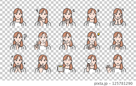 Facial expression illustration set of a working young woman in a suit Facial expression illustration set of a working young woman in a suit 125781290