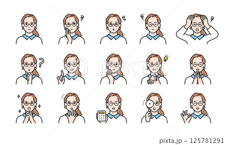 眼鏡をかけた働くオシャレな若い女性の表情イラストセット 125781291