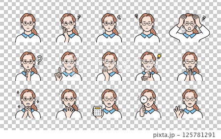 眼鏡をかけた働くオシャレな若い女性の表情イラストセット 125781291
