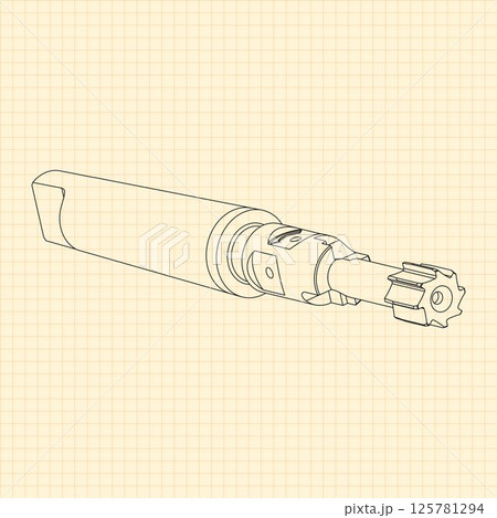 Mechanical engineering drawings. Tap tools, borer. Technical Design. Cover. Blueprint. Step Cutting Tool with Countersinking Function. Technical 3D Vector Illustration 125781294