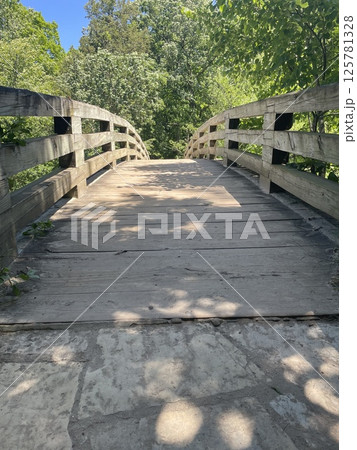 Tranquil Wooden Bridge Amidst Verdant Forest: A Path to Nature's Serenity 125781328