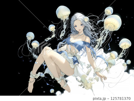 光るクラゲと一緒に休憩するくクラゲの妖精 125781370