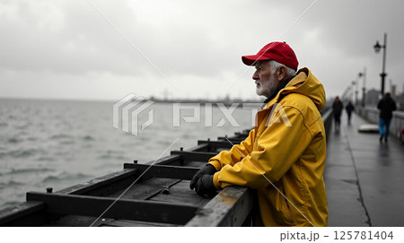 An elderly fisherman stands on a gray dock, gazing out at the peaceful waters. Dressed in a yellow slicker and bright red cap, he reflects the quiet solitude of the day. 125781404