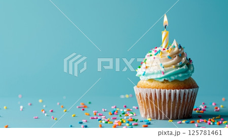 Cupcake sweet cream with candle for birthday invitation card Cupcake sweet cream with candle for birthday invitation card 125781461