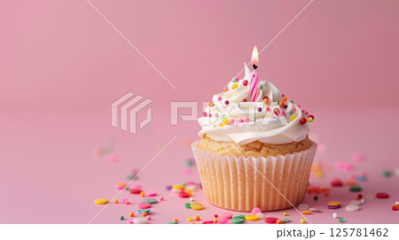 Cupcake sweet cream with candle for birthday invitation card 125781462
