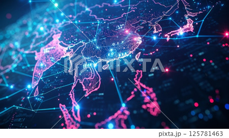 Asia map connection line cyber global network digital map internet technology 125781463