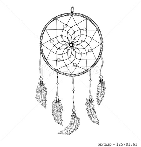 Vector illustration of a hand-drawn esoteric dreamcatcher with feathers and beads. Created in black and white ink sketch style, suitable for boho-themed projects, tattoo design, or spiritual decor. Vector illustration of a hand-drawn esoteric dreamcatcher with feathers and beads. Created in black and white ink sketch style, suitable for boho-themed projects, tattoo design, or spiritual decor. 125781563