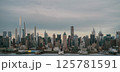 A blurry city skyline picture with a river in the foreground 125781591