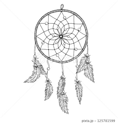 Vector illustration of a hand drawn dreamcatcher with feathers and beads in monochrome sketch style. Suitable for print design, tattoo, boho projects, logos, stationery, packaging and decorations. 125781599