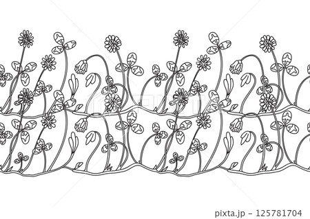 Line art botanical floral border isolated on white background. Hand drawn outline doodle clover plant with Flowers Stems Leaves vector illustration. Graphic design doodle element for Birthday Wedding 125781704