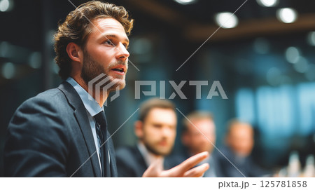 businessman giving presentation in modern conference room, engaging audience with confidence and clarity. atmosphere is professional and focused, highlighting effective communication 125781858