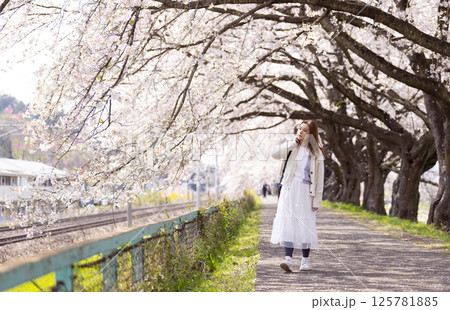 woman visit visit the cherry blossom in hitome senbonzakura in sendai, Japan	 125781885