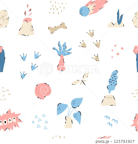 Seamless pattern with hand-drawn prehistoric volcanoes, footprints, meteorites, plants, bones, and fossils in soft pastel colors. 125781927