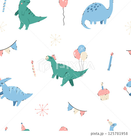 Seamless pattern with festive dinosaurs, birthday cakes, candles, bunting, and stars in soft pastel tones. 125781958