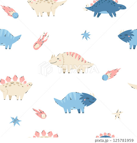 Seamless pattern with hand-drawn cute dinosaurs and asteroids in soft pastel colors. 125781959