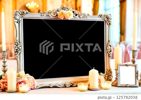 Elegant black frame for congratulation text in peach tones.candlesticks 125782038