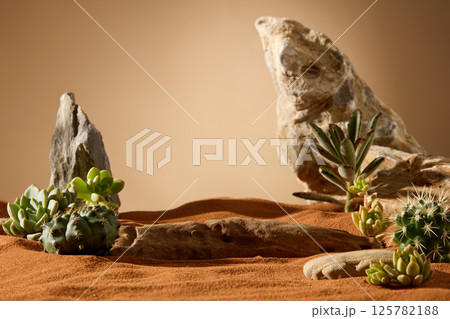 The rough rocks have sharp peaks, standing upright to form towering mountains. Succulent plants grow from the crevices of the rocks, thriving. The flat, light brown rocks are partly buried in sand. 125782188