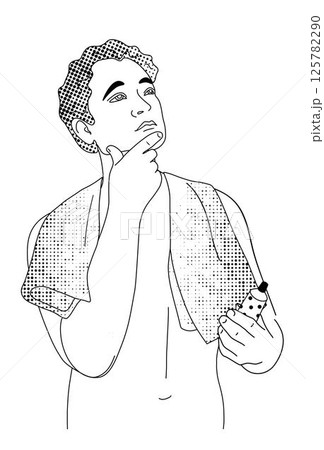 Man in bathroom with towel, black and white vector illustration 125782290