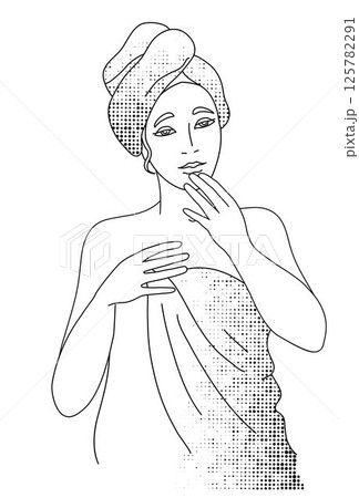 Woman with shower towel on the hair black and white vector illustration 125782291