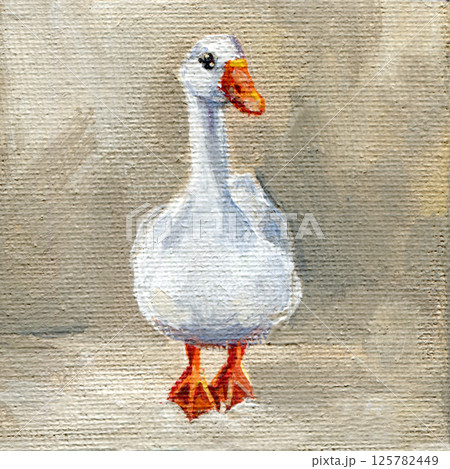 Cute white goose on beige canvas background acrylic painting, farm bird animal illustration rustic decor mini art canvas 125782449
