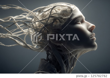 Digital Serenity. A futuristic figure with flowing elements 125782782