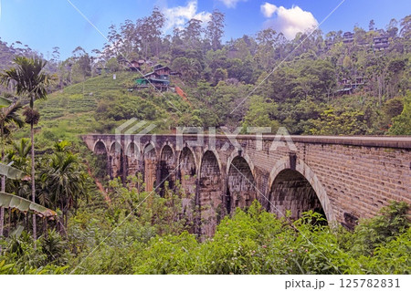 Historic Nine Arches Bridge in lush jungle near Ella, Sri Lanka, no people visible Historic Nine Arches Bridge in lush jungle near Ella, Sri Lanka, no people visible 125782831