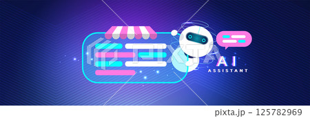 AI Technology themed image with a digital assistant bot, vibrant UI chat elements, and abstract glowing background. Perfect for AI, machine learning, and tech innovation topics. 125782969