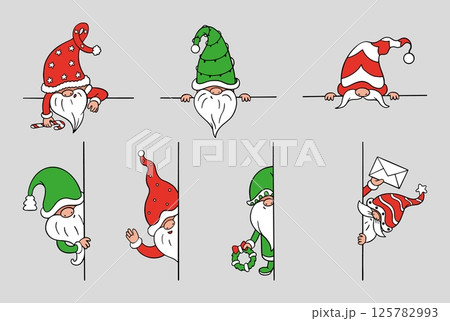 Gnomes peeking. Funny dwarves looking from corner. Banners with scandinavian style dwarf, christmas elves decorative design, neoteric vector elements Gnomes peeking. Funny dwarves looking from corner. Banners with scandinavian style dwarf, christmas elves decorative design, neoteric vector elements 125782993