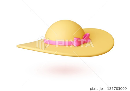 Female summer 3d hat. Beach vacation lady head accessory. Isolated travel outfit element, sunstroke safety fashion detail. Realistic render vector image 125783009