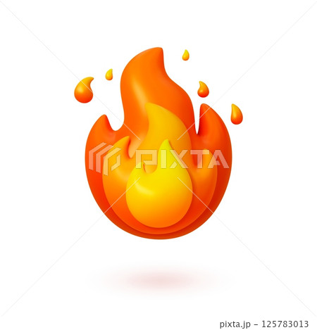 Campfire 3d icon. Isolated fire symbol, realistic plastic stylization render. Red orange flame effect, energy, gas, danger hot vector element 125783013