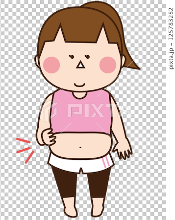 Woman with a ponytail and a bulging belly/Diet/Obesity/Health/Beauty 125783282