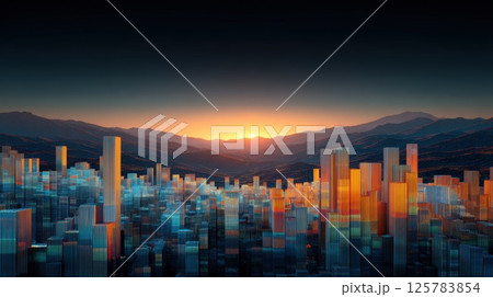 Futuristic Cityscape With Sunset In A Mountainous Landscape 125783854