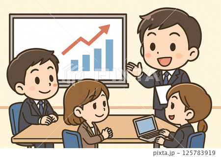 営業成果を報告するミニキャラのビジネスマンたち｜会議シーンのイラスト素材 125783919