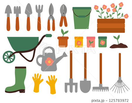 Set of Garden tools Elements. Vector flat illustration. 125783972
