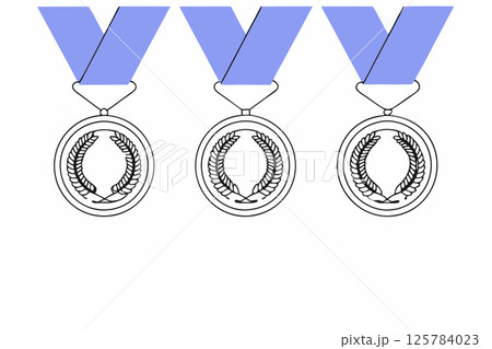 Three awards badge medals with blue ribbons,prize for winning 125784023
