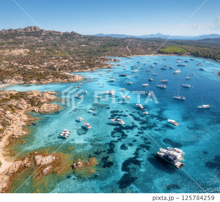 Aerial view of luxury yachts and boats in the crystal-clear sea 125784259